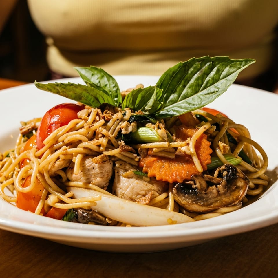 Plate of stir-fried noodles with chicken, vegetables, mushrooms, crispy toppings, and basil garnish on a wooden restaurant table.