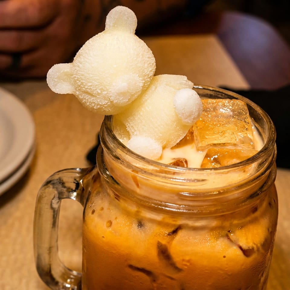 Iced orange-colored dessert drink in a glass mug, topped with cream, ice cubes, and a white bear-shaped garnish.