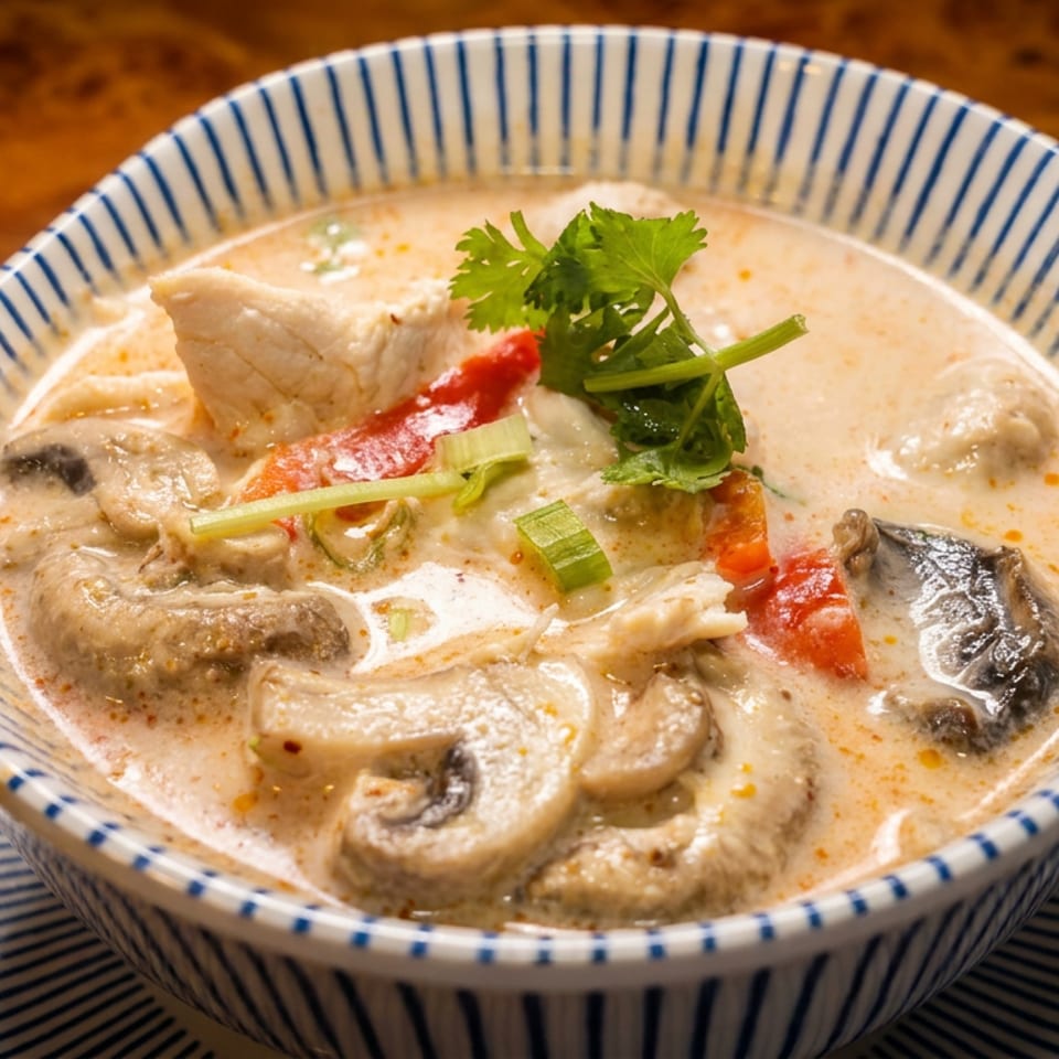 Creamy Thai coconut soup with chicken, mushrooms, tomatoes, green onions, and cilantro in a blue-striped bowl.
