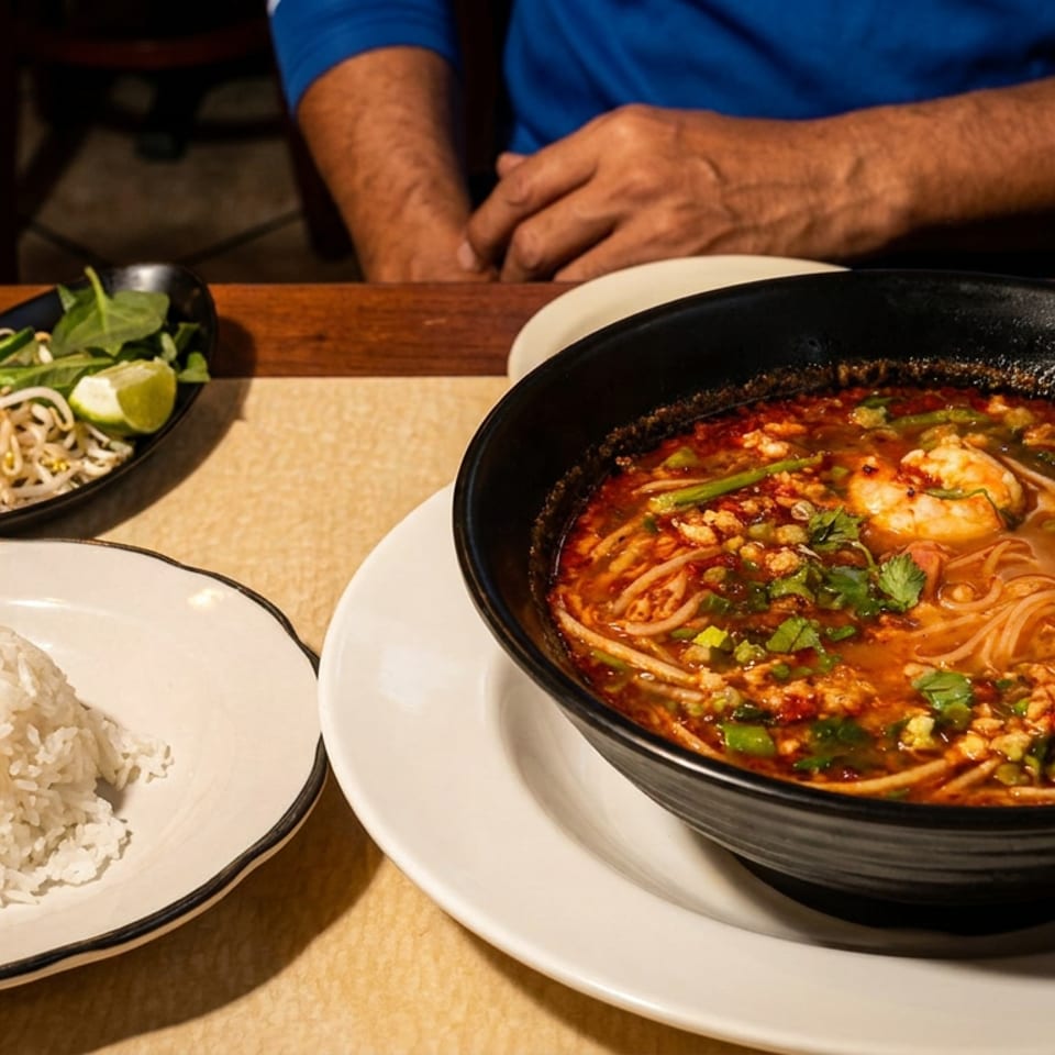 Spicy noodle soup with shrimp and herbs, steamed rice, and bean sprouts with lime on a restaurant table.