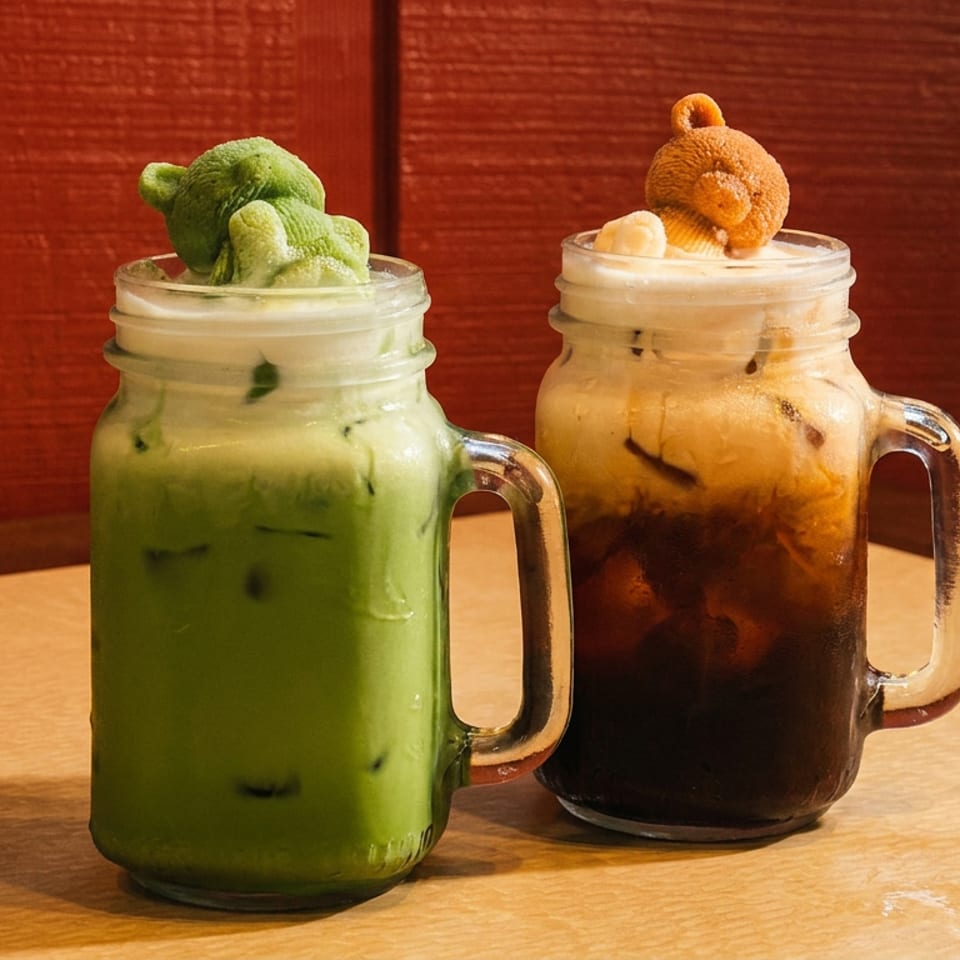 Two mason jar drinks, green matcha and iced coffee, topped with bear-shaped scoops, sit on a wooden table.