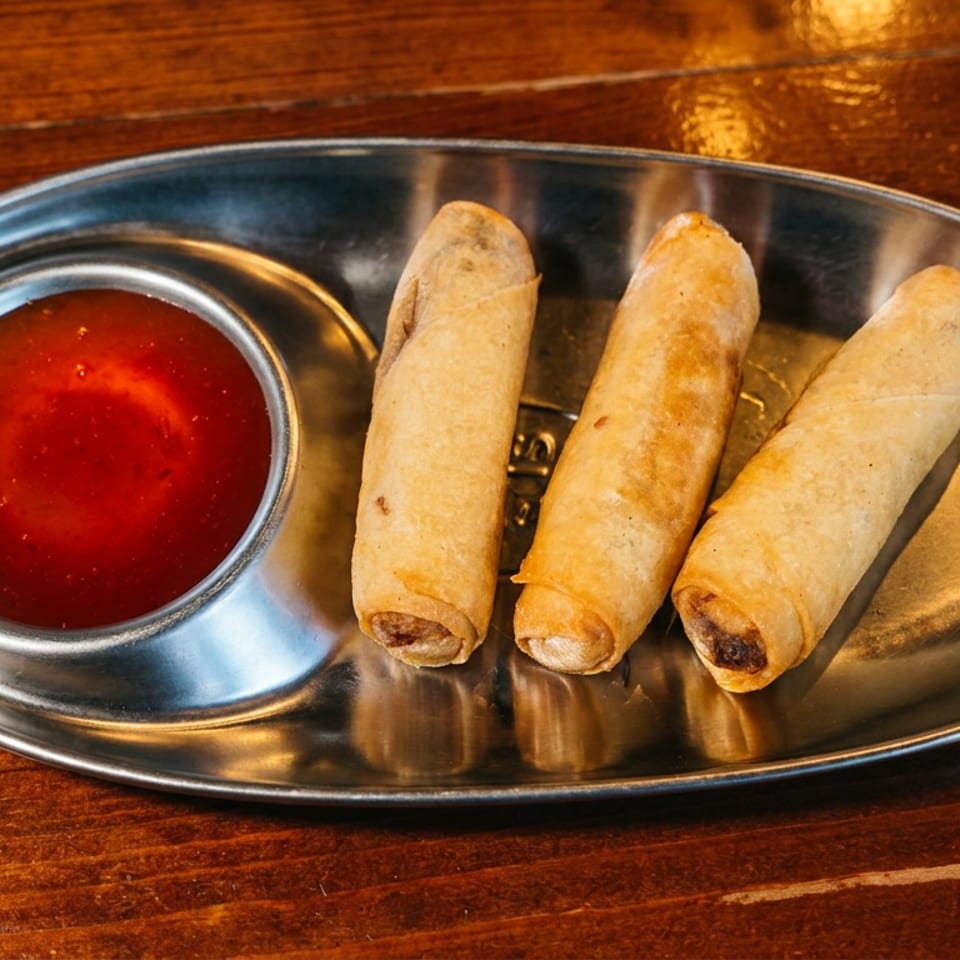 Three golden fried spring rolls served with red dipping sauce on a reflective metal platter atop a wooden table.