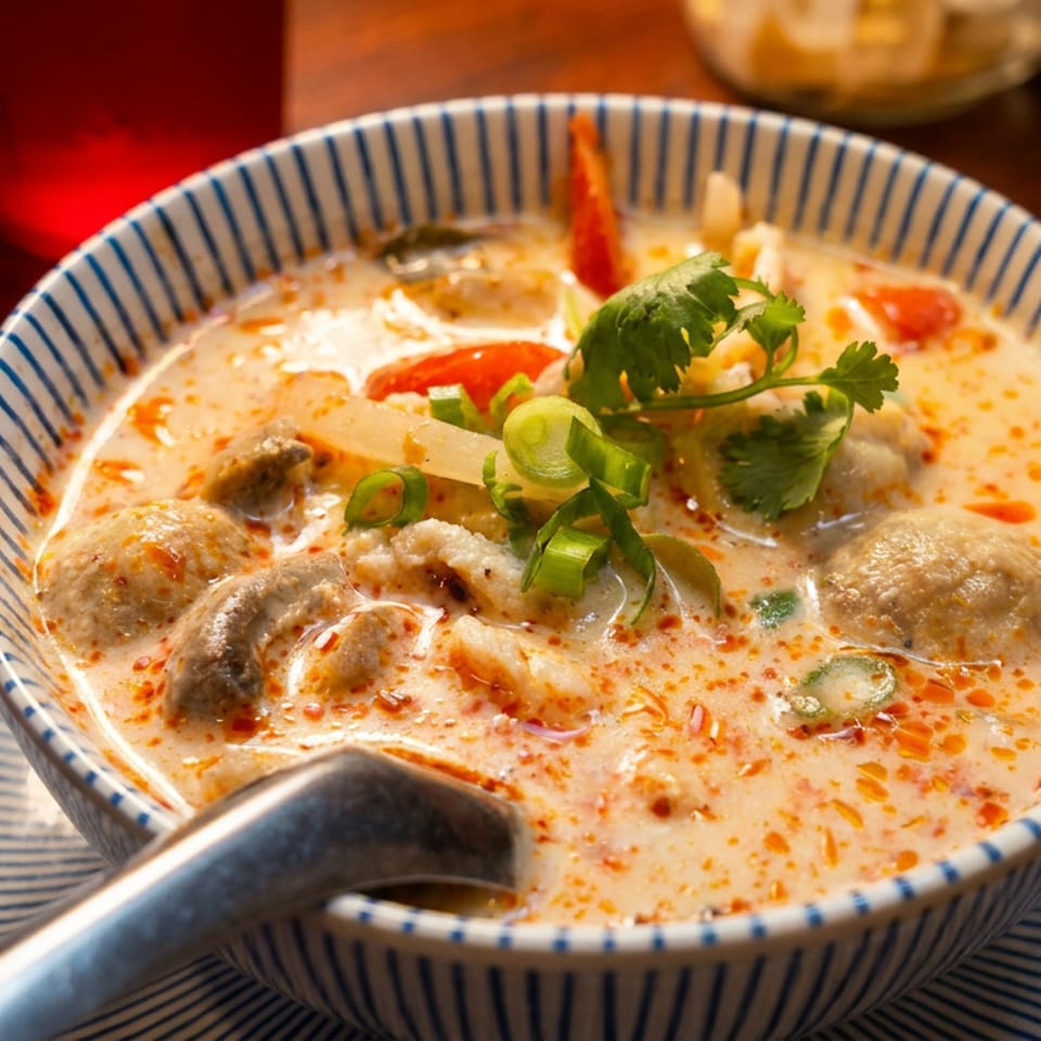 Creamy spicy Thai soup with mushrooms, shrimp, chilies, and cilantro in a blue-striped bowl on a wooden table.