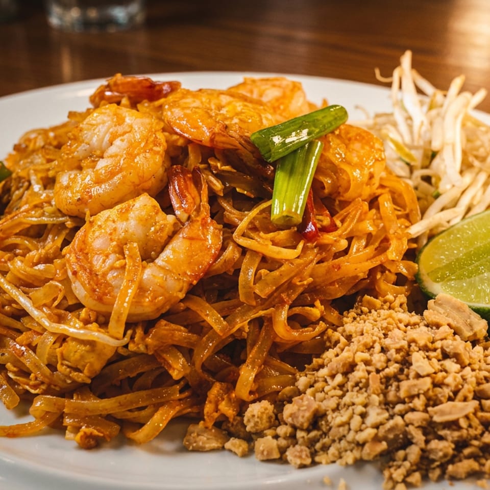 Pad Thai with shrimp, bean sprouts, green onions, crushed peanuts, and lime wedge on a white plate.