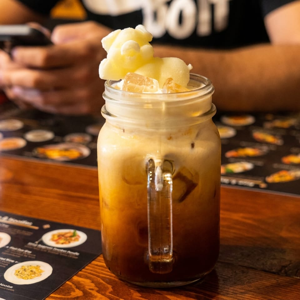 Iced coffee topped with whipped cream in a glass mason jar on a wooden restaurant table.
