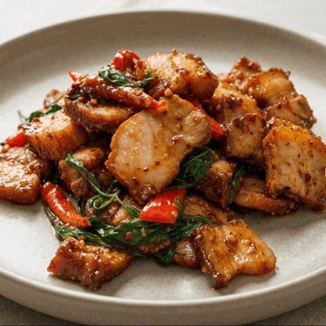 Crispy Pork Belly with Basil Sauce.