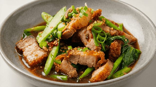 Crispy Pork Belly with Chinese Broccoli.